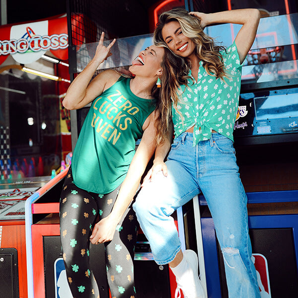 shop st. paddy's - image of two women wearing zero lucks given tank and clover leggings and minty mama button down shirt