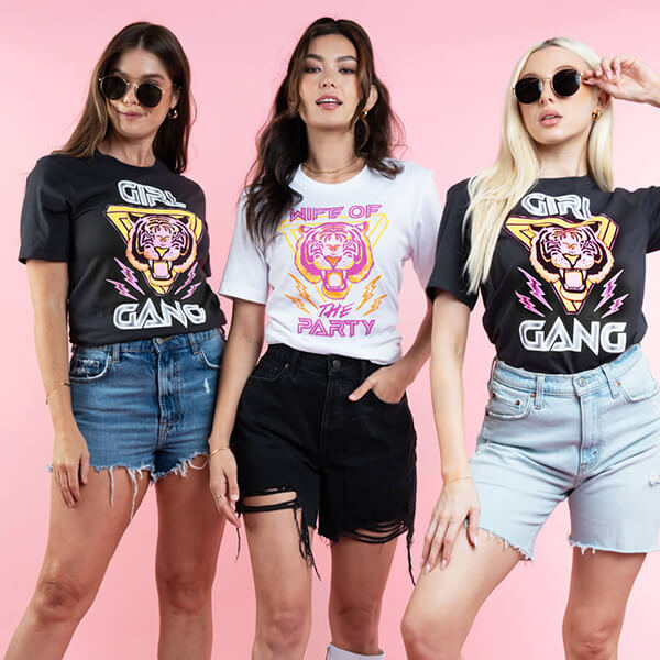 shop bachelorette - models wearing women's girl gang bachelorette tee and women's wife of the party bachelorette tee