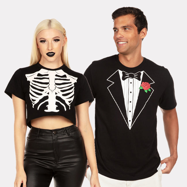 shop graphic tees and tanks - women's skeleton crop top and men's tuxedo tee