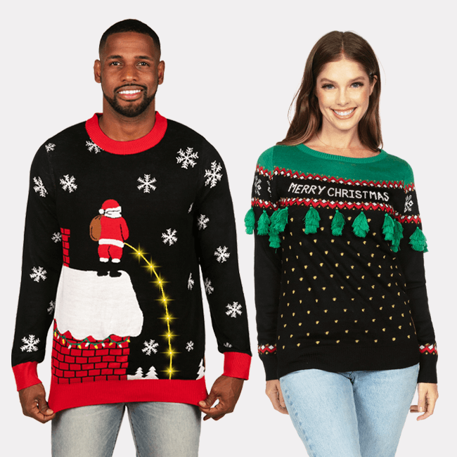 shop sweaters - image of models wearing men's leaky roof ugly christmas sweater and womens chrisrmas tree tassel ugly christmas sweater
