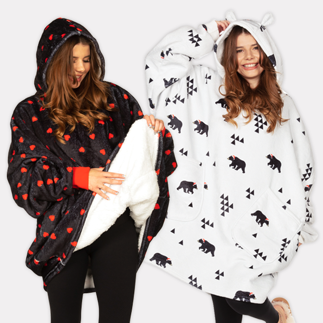 Image of two women wearing blanket hoodies