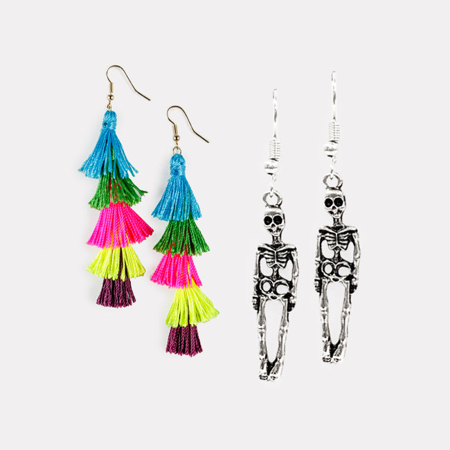 shop jewelry - pinata tassel earrings and skeleton earrings