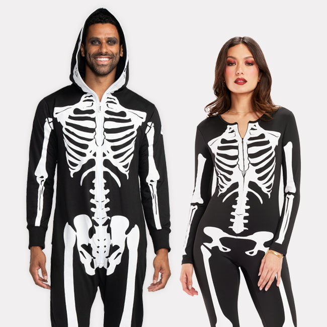 shop costumes - women's skeleton bodysuit and men's skeleton costume