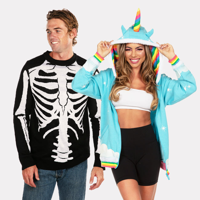 shop sweaters - men's skeleton sweater and women's unicorn hoodie