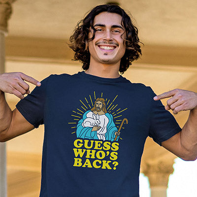 shop men's easter - image of model wearing men's guess who's back tee