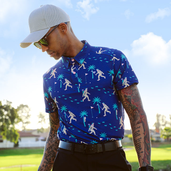 shop golf - model wearing men's Bigfoot bogey golf polo